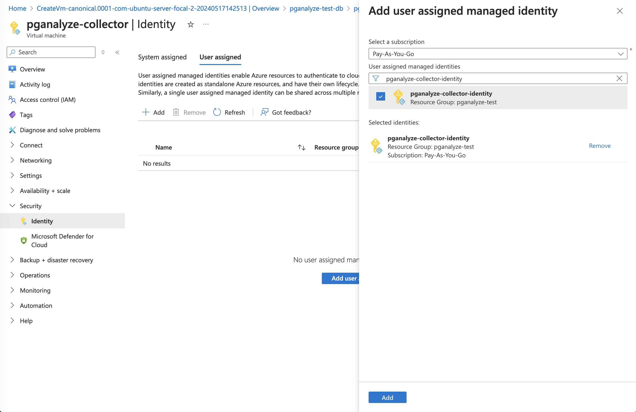 Screenshot of Virtual Machine Identity configuration in Azure Portal